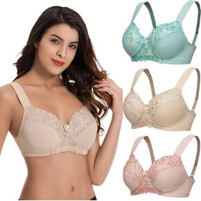 Curve Muse Plus Size Minimizer Unlined Wireless Bra with Lace Embroidery-3Pack-Blush,Sage,Nude-38C