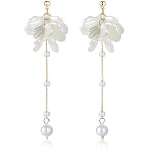 Kruckel Pearl Flower Long Drop Dangling Earrings - Cute Sparkly Golden Stud Lightweight Women Jewelry, White Petal Dangles, Easy - Wear Fashion Design Accessory with Durable Jewelry Box