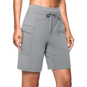 Women's 7" Athletic Bermuda Shorts with Side Pockets High Waisted Stretchy Long Shorts for Women Gym Running Casual