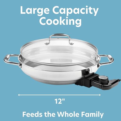 CucinaPro XL Electric 16" Skillet, 18/10 Stainless Steel Pan with Lid | Round with Adjustable Temperature Control Probe, Tempered Glass Lid & Handle, Portable, Durable Cookware Large Family Meal in Kuwait