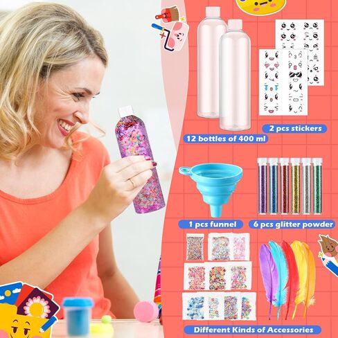 Baderke 24 Pcs Sensory Bottles 13.5oz Plastic Clear Containers Calm Down Sensory Bottles Include Funnel, Glitters, Stickers, Glitter Powder, Feathers, Small Color Balls for DIY Art Fun Crafts Supply in Saudi Arabia
