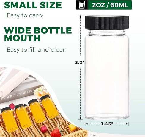 2oz Clear Glass Bottle with Lids, 60ml Small Glass Jar, Leakproof Mini Travel Bottles, Decorative Bottles Set for Juice, Wellness, Spices, 8 Pack in Kuwait