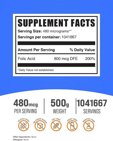 plksupplements.com مسحوق حمض الفوليك - فيتامين B9 ، ملحق حمض الفوليك - فيتامينات حمض الفوليك قبل الولادة ، حمض الفوليك 800 MCG - خالي من الغلوتين ، 480 ملغ لكل وجبة ، 100 جرام (3.5 أوقية) (حزمة 1) in Kuwait