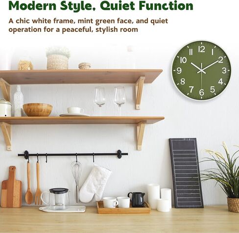 Wall Clock, Battery Operated, Modern Minimalist Design for Living Room, Office, Kitchen, Bedroom, and Bathroom - Quiet, Stylish, and Perfect for Any Room – Olive Green, 8 Inch in Kuwait
