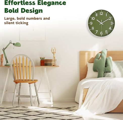 Wall Clock, Battery Operated, Modern Minimalist Design for Living Room, Office, Kitchen, Bedroom, and Bathroom - Quiet, Stylish, and Perfect for Any Room – Olive Green, 8 Inch in Kuwait