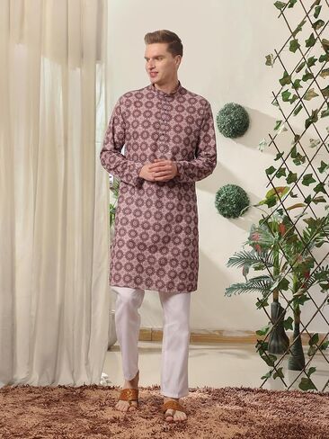 Men's Cotton Regular Fit Sequence Printed Work Kurta | Traditional Indian Festive Kurta (A-121) in Kuwait