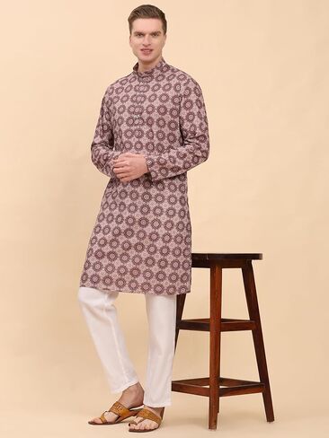 Men's Cotton Regular Fit Sequence Printed Work Kurta | Traditional Indian Festive Kurta (A-121) in Kuwait