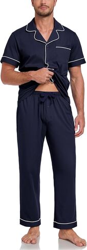 COLORFULLEAF 100% Cotton Mens Pajamas Set Short Sleeve Loungewear with Long Pants Button Down Sleepwear Soft Comfy Pjs in Kuwait