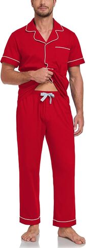 COLORFULLEAF 100% Cotton Mens Pajamas Set Short Sleeve Loungewear with Long Pants Button Down Sleepwear Soft Comfy Pjs in Kuwait