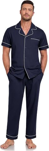 COLORFULLEAF 100% Cotton Mens Pajamas Set Short Sleeve Loungewear with Long Pants Button Down Sleepwear Soft Comfy Pjs in Kuwait