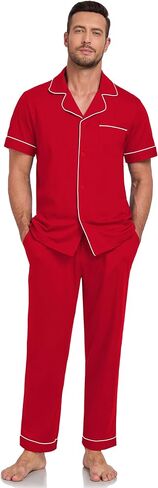 COLORFULLEAF 100% Cotton Mens Pajamas Set Short Sleeve Loungewear with Long Pants Button Down Sleepwear Soft Comfy Pjs in Kuwait
