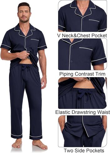 COLORFULLEAF 100% Cotton Mens Pajamas Set Short Sleeve Loungewear with Long Pants Button Down Sleepwear Soft Comfy Pjs in Kuwait