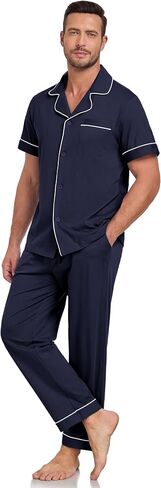 COLORFULLEAF 100% Cotton Mens Pajamas Set Short Sleeve Loungewear with Long Pants Button Down Sleepwear Soft Comfy Pjs in Kuwait
