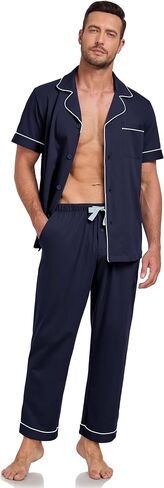 COLORFULLEAF 100% Cotton Mens Pajamas Set Short Sleeve Loungewear with Long Pants Button Down Sleepwear Soft Comfy Pjs in Kuwait