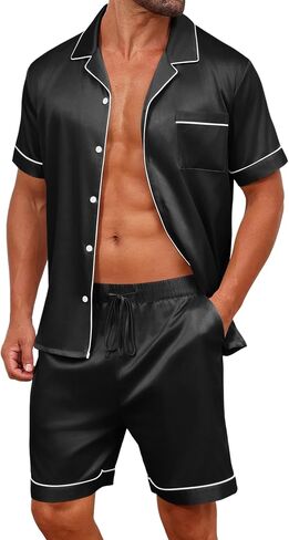 Vssjavun Mens Satin Silk Pajamas Sets Short Sleeve Button-Down Sleepwear Two Piece Loungewear with Pockets in Saudi Arabia