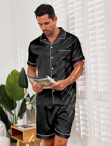 Vssjavun Mens Satin Silk Pajamas Sets Short Sleeve Button-Down Sleepwear Two Piece Loungewear with Pockets in Saudi Arabia