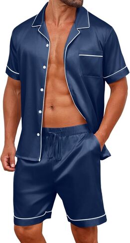 Vssjavun Mens Satin Silk Pajamas Sets Short Sleeve Button-Down Sleepwear Two Piece Loungewear with Pockets in Saudi Arabia