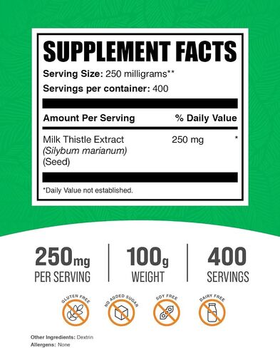 BulkSupplements.com Milk Thistle Extract Powder - Herbal Extract for Liver Health, Milk Thistle Supplement - Gluten Free, 250mg per Serving, 250g (8.8 oz) (Pack of 1) in Saudi Arabia