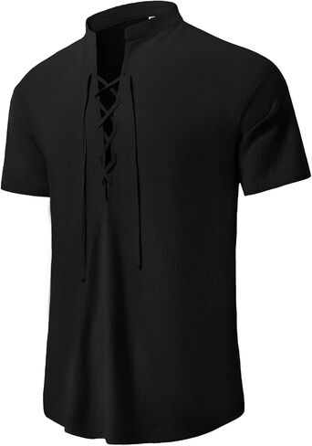 KUYIGO Men's Cotton Linen Shirt Pirate Vintage Short Sleeve Lace Up Renaissance Costume Beach Top in Saudi Arabia