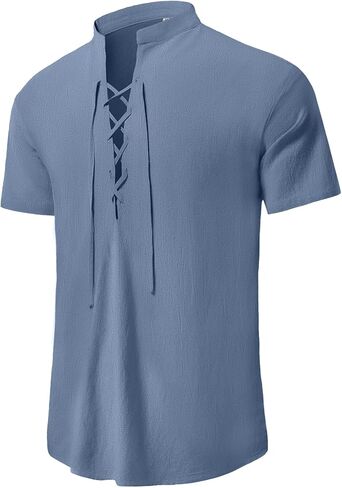 KUYIGO Men's Cotton Linen Shirt Pirate Vintage Short Sleeve Lace Up Renaissance Costume Beach Top in Saudi Arabia