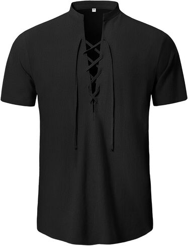 KUYIGO Men's Cotton Linen Shirt Pirate Vintage Short Sleeve Lace Up Renaissance Costume Beach Top in Saudi Arabia