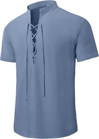 KUYIGO Men's Cotton Linen Shirt Pirate Vintage Short Sleeve Lace Up Renaissance Costume Beach Top in Saudi Arabia