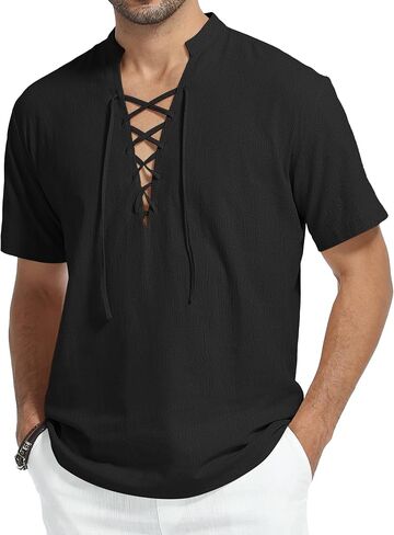 KUYIGO Men's Cotton Linen Shirt Pirate Vintage Short Sleeve Lace Up Renaissance Costume Beach Top in Saudi Arabia