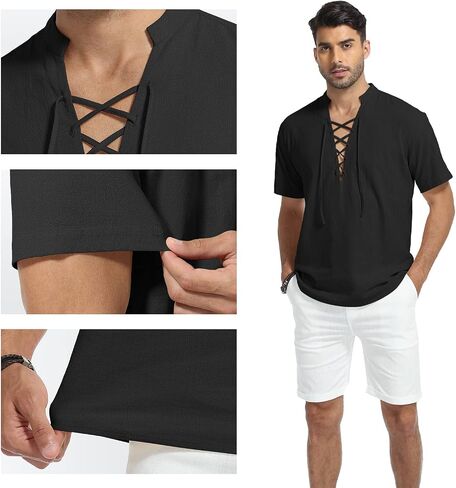 KUYIGO Men's Cotton Linen Shirt Pirate Vintage Short Sleeve Lace Up Renaissance Costume Beach Top in Saudi Arabia