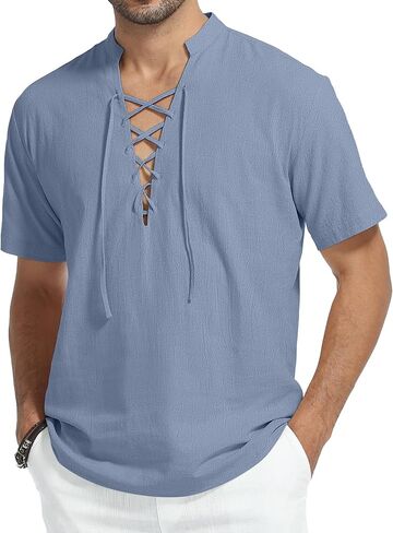 KUYIGO Men's Cotton Linen Shirt Pirate Vintage Short Sleeve Lace Up Renaissance Costume Beach Top in Saudi Arabia