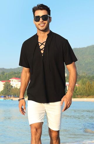 KUYIGO Men's Cotton Linen Shirt Pirate Vintage Short Sleeve Lace Up Renaissance Costume Beach Top in Saudi Arabia