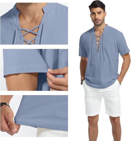 KUYIGO Men's Cotton Linen Shirt Pirate Vintage Short Sleeve Lace Up Renaissance Costume Beach Top in Saudi Arabia