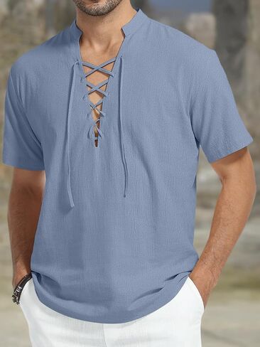KUYIGO Men's Cotton Linen Shirt Pirate Vintage Short Sleeve Lace Up Renaissance Costume Beach Top in Saudi Arabia