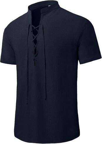 KUYIGO Men's Cotton Linen Shirt Pirate Vintage Short Sleeve Lace Up Renaissance Costume Beach Top in Saudi Arabia