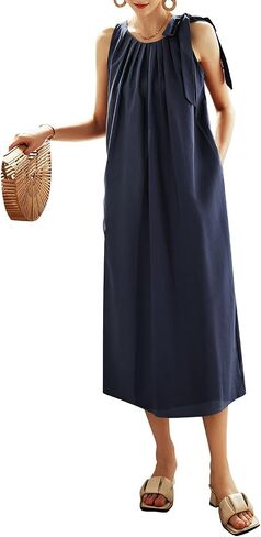 Women's Round Neck Loose Midi Dress, Shoulder Tie Sleeveless Summer Casual Long Dress with Pockets in Saudi Arabia