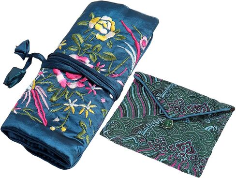 2pcs Embroidery Jewelry Roll 2 Styles Jewelry Silk Purse Pouchs Damask Cloth Roll Brocade Organizer with Snap Button and Zipper Small Gift Bags for Travel Storage Jewelry/Peacock Green in Kuwait