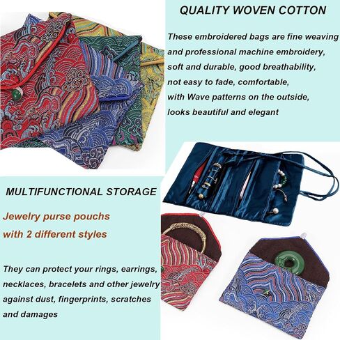 2pcs Embroidery Jewelry Roll 2 Styles Jewelry Silk Purse Pouchs Damask Cloth Roll Brocade Organizer with Snap Button and Zipper Small Gift Bags for Travel Storage Jewelry/Peacock Green in Kuwait