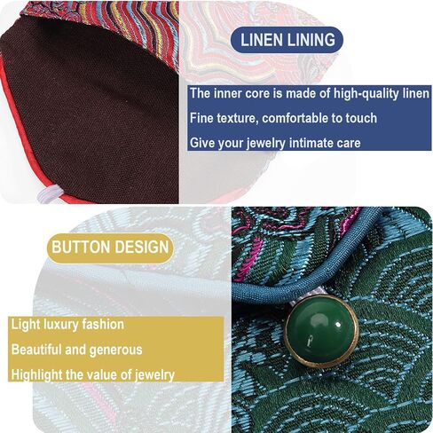 2pcs Embroidery Jewelry Roll 2 Styles Jewelry Silk Purse Pouchs Damask Cloth Roll Brocade Organizer with Snap Button and Zipper Small Gift Bags for Travel Storage Jewelry/Peacock Green in Kuwait
