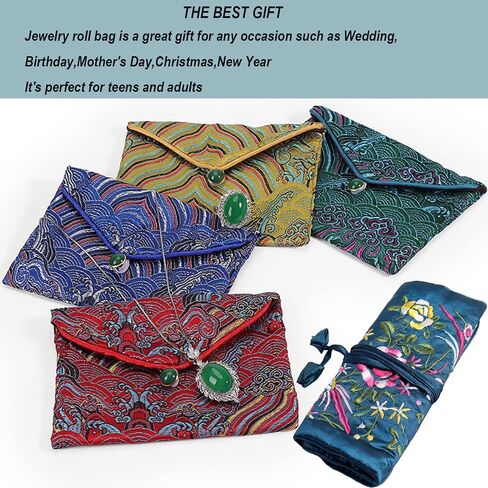 2pcs Embroidery Jewelry Roll 2 Styles Jewelry Silk Purse Pouchs Damask Cloth Roll Brocade Organizer with Snap Button and Zipper Small Gift Bags for Travel Storage Jewelry/Peacock Green in Kuwait