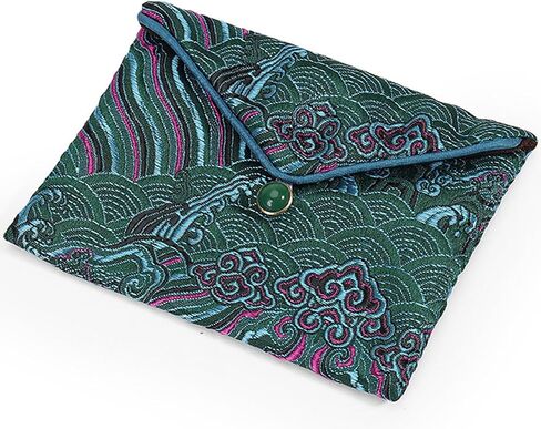 2pcs Embroidery Jewelry Roll 2 Styles Jewelry Silk Purse Pouchs Damask Cloth Roll Brocade Organizer with Snap Button and Zipper Small Gift Bags for Travel Storage Jewelry/Peacock Green in Kuwait
