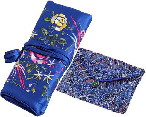 2pcs Embroidery Jewelry Roll 2 Styles Jewelry Silk Purse Pouchs Damask Cloth Roll Brocade Organizer with Snap Button and Zipper Small Gift Bags for Travel Storage Jewelry/Peacock Green in Kuwait