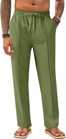 Makkrom Mens Casual Pants Elastic Waist Drawstring Lightweight Summer Loose Beach Straight Leg Pants with Pockets in Kuwait