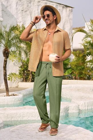 Makkrom Mens Casual Pants Elastic Waist Drawstring Lightweight Summer Loose Beach Straight Leg Pants with Pockets in Kuwait