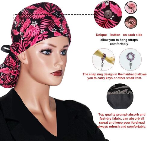 Scrub Cap with Silky Inner - Cotton Hat with Sweatband and Buttons, Adjustable Tie Back Ponytail(Randomly Provide Hair Ring) in Kuwait
