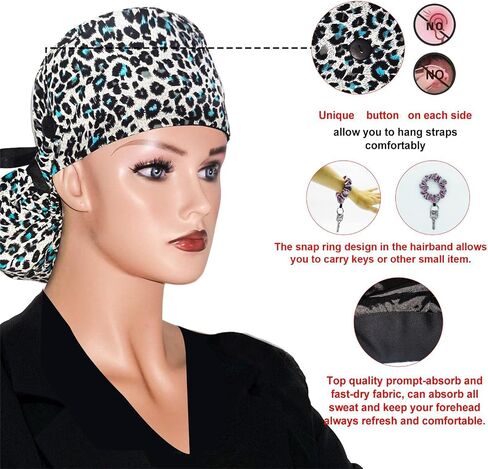 Scrub Cap with Silky Inner - Cotton Hat with Sweatband and Buttons, Adjustable Tie Back Ponytail(Randomly Provide Hair Ring) in Kuwait