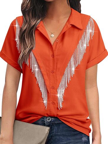 Mymore Western Western Cowgirl Rhinestone Fringe Button Down Drofled Drolded Served Sleeve Shirt Country Riseft in Kuwait