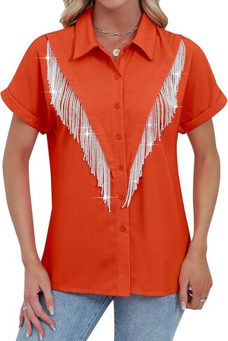 Mymore Western Western Cowgirl Rhinestone Fringe Button Down Drofled Drolded Served Sleeve Shirt Country Riseft in Kuwait