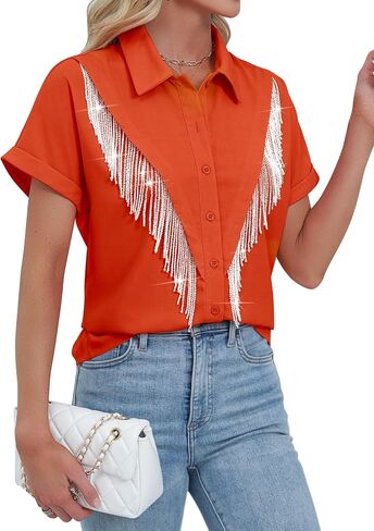 Mymore Western Western Cowgirl Rhinestone Fringe Button Down Drofled Drolded Served Sleeve Shirt Country Riseft in Kuwait