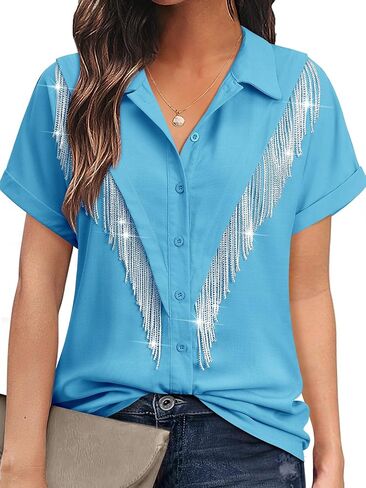 Mymore Western Western Cowgirl Rhinestone Fringe Button Down Drofled Drolded Served Sleeve Shirt Country Riseft in Kuwait