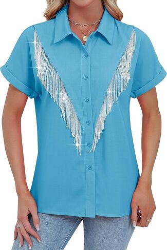 Mymore Western Western Cowgirl Rhinestone Fringe Button Down Drofled Drolded Served Sleeve Shirt Country Riseft in Kuwait