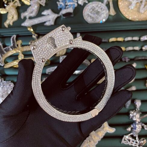 ICEDIAMOND White Gold Plated Hip Hop Iced Out Drama Handcuff Design Bangle, Micro-setting Bright Zirconia Stones with Long Serrated Lock Buckle Bracelet for Men in Saudi Arabia